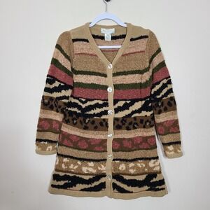 Susan Bristol M Cardigan Knit Striped Animal Print Cozy Safari Girl‎ Vtg Retro